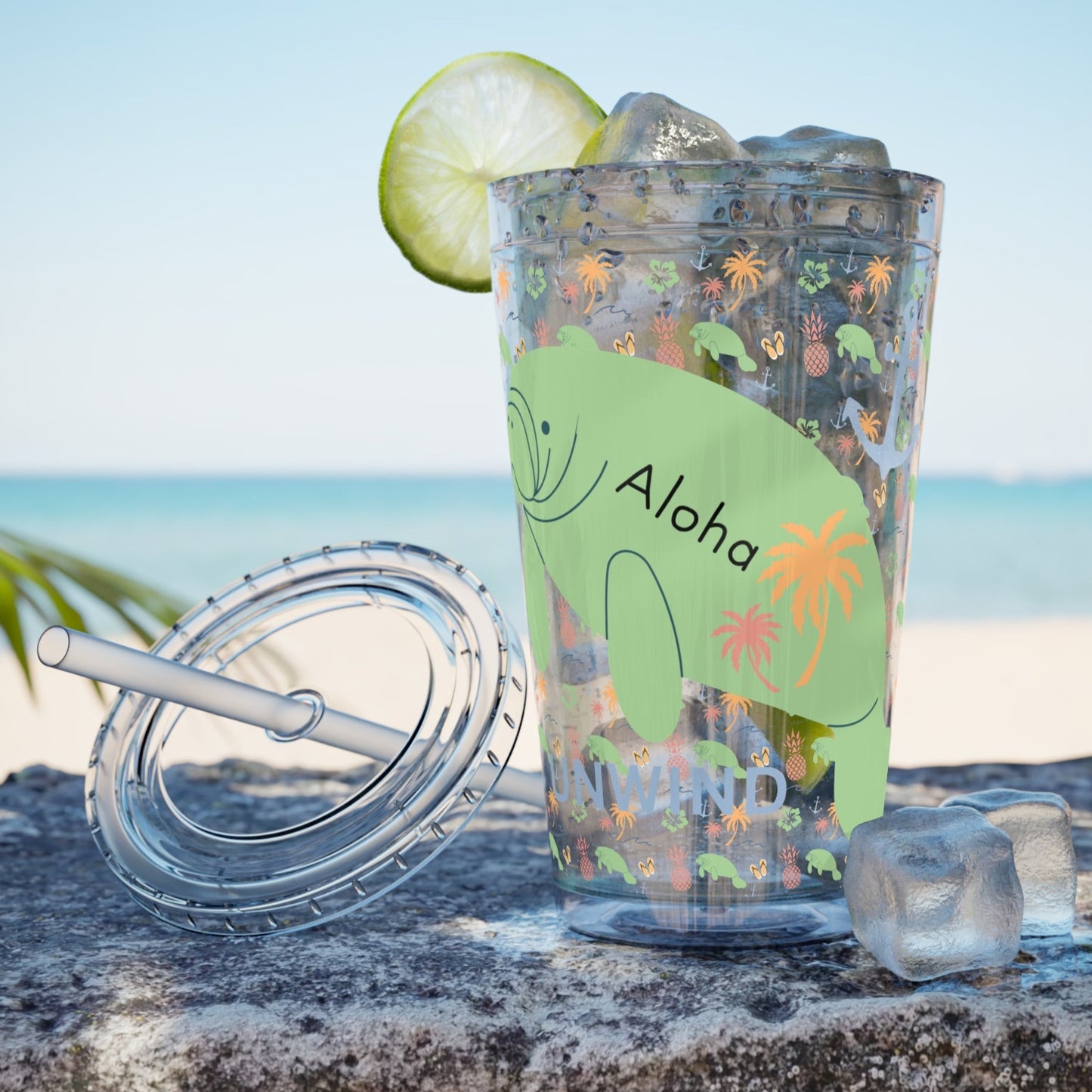 Aloha Manatee Tumbler with Straw - 16oz Tropical Vibes Travel Cup
