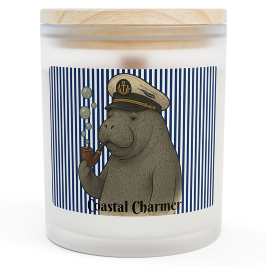 Candle with a label featuring a cartoon hippo in a captain's hat on a white background