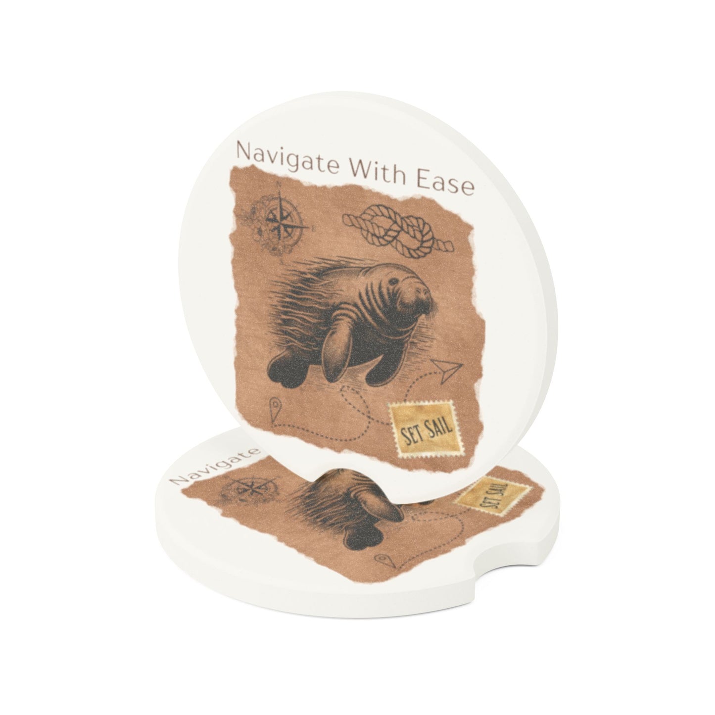 Set Sail Manatee Soapstone Car Coaster - 'Navigate With Ease' Design