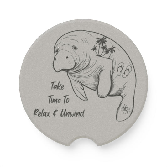 Manatee Car Coaster - "Take Time To Relax & Unwind" - Soapstone Drink Holder