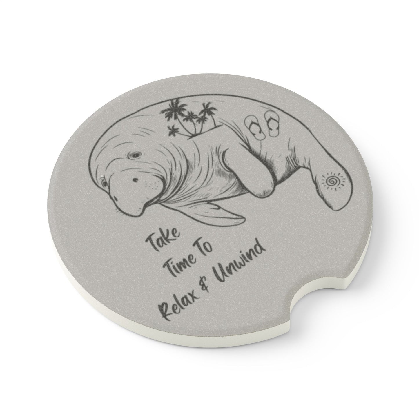 Manatee Car Coaster - "Take Time To Relax & Unwind" - Soapstone Drink Holder