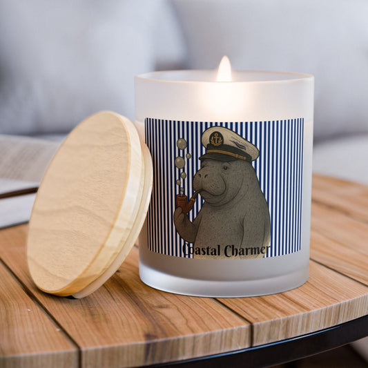 Candle with a bear design on a wooden table