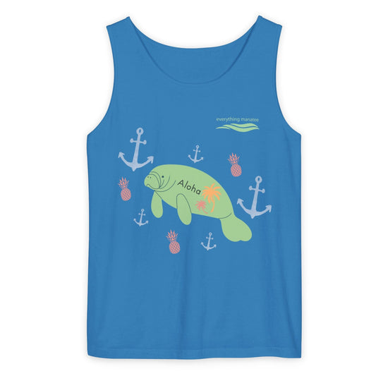 Anchors Away Nautical Manatee Tank Top | Womens Garment-Dyed Summer Tee