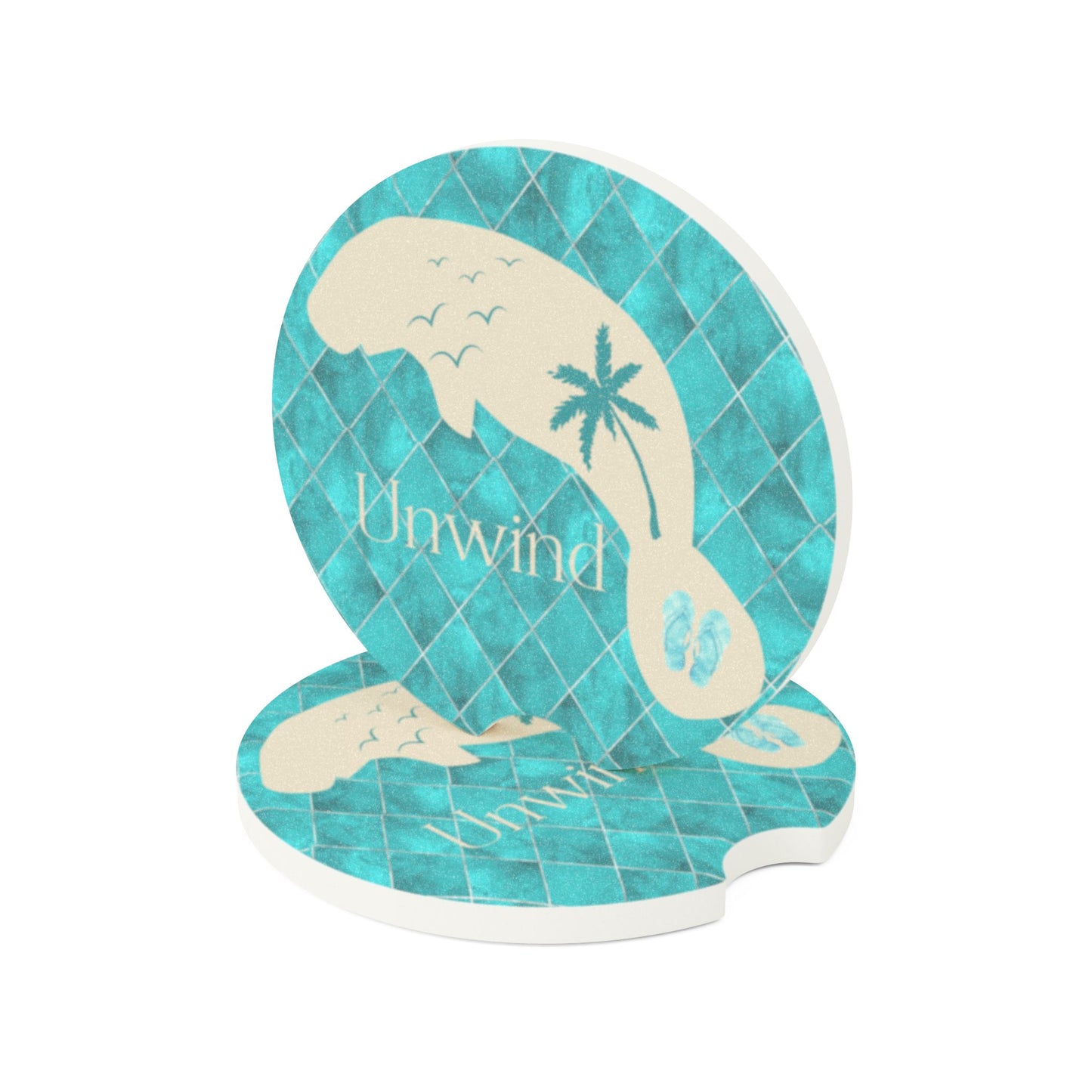 Beach Vibes Manatee Soapstone Car Coaster - 'Unwind' Manatee Design