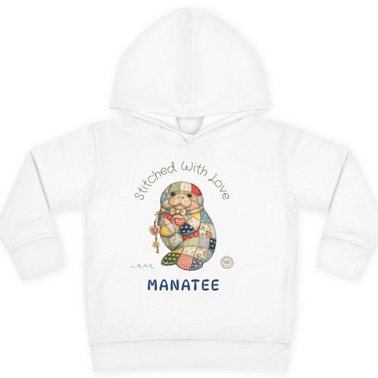 White hoodie with a manatee design and text on a white background