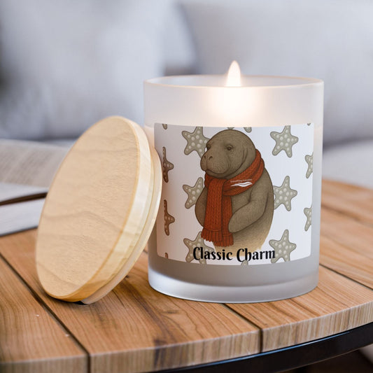 Candle with a bear design on a wooden table