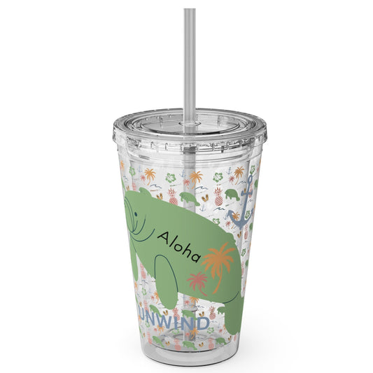 Aloha Manatee Tumbler with Straw - 16oz Tropical Vibes Travel Cup