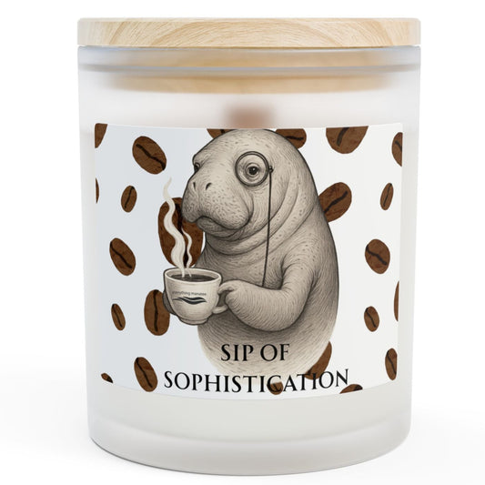 Candle with a design of a creature holding a coffee cup and text 'Sip of Sophistication' on a white background.