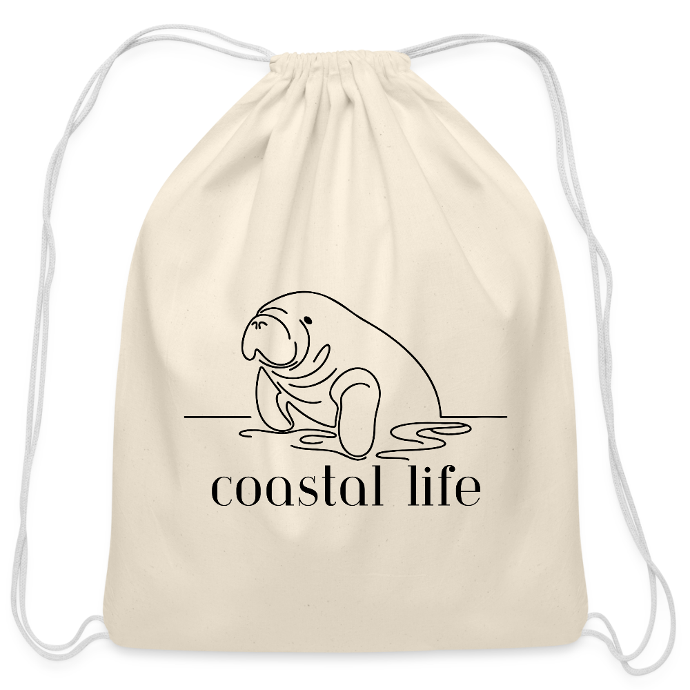 Coastal Life Manatee Cotton Drawstring Bag - natural