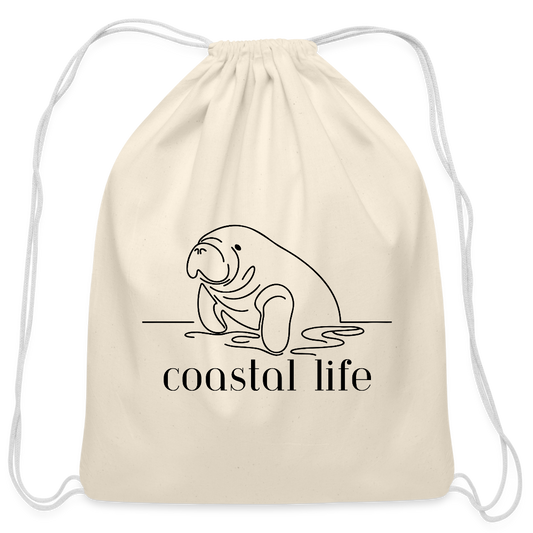 Coastal Life Manatee Cotton Drawstring Bag - natural