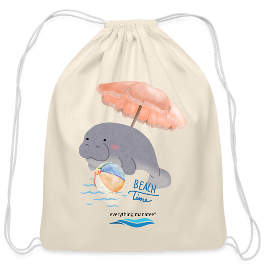Beach Time Manatee Cotton Drawstring Bag - natural