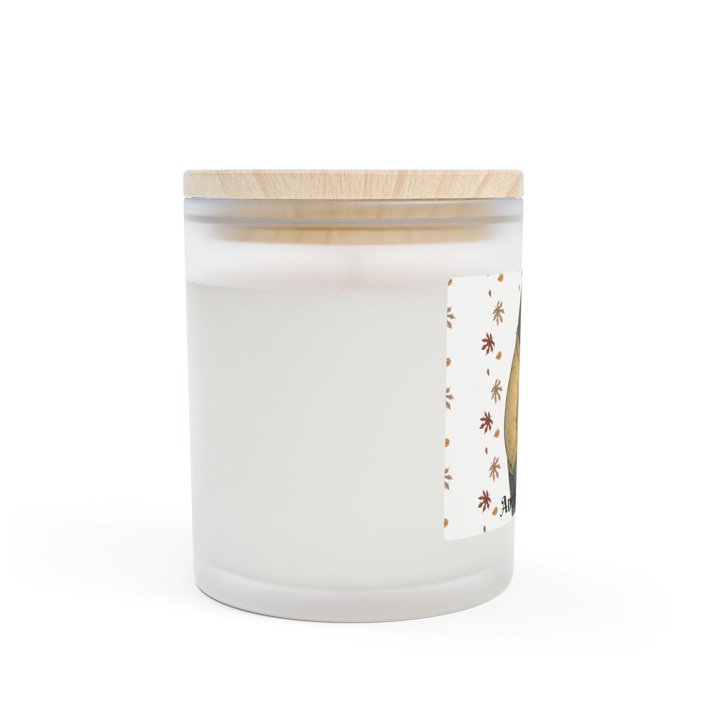 White candle with a wooden lid and decorative label on a white background