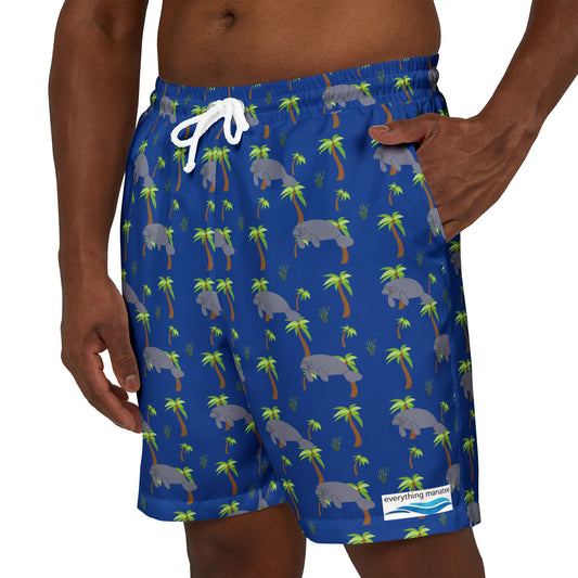 Palm Trees & Manatees Print Swim Shorts | Mid-Length Mens