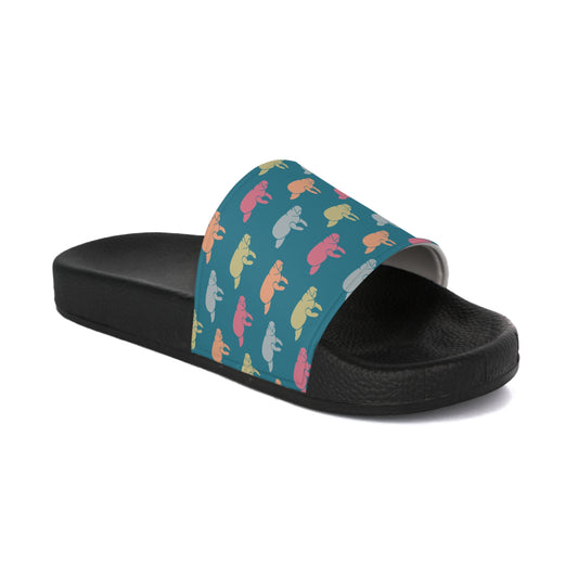 Lagoon Blue Manatee Pattern Slide Sandals | Mens - Perfect for Summer Outings
