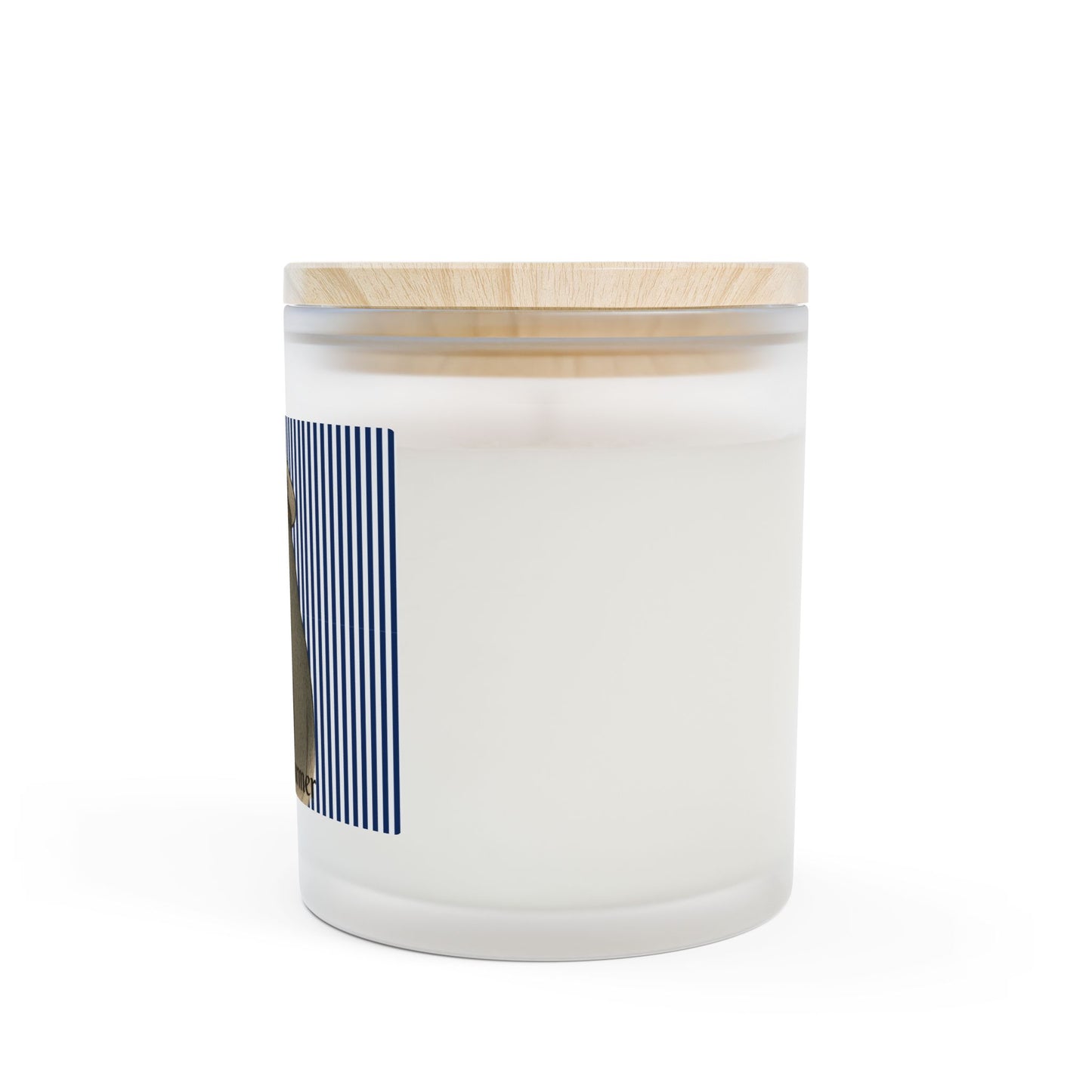 White candle in a glass jar with a wooden lid on a white background