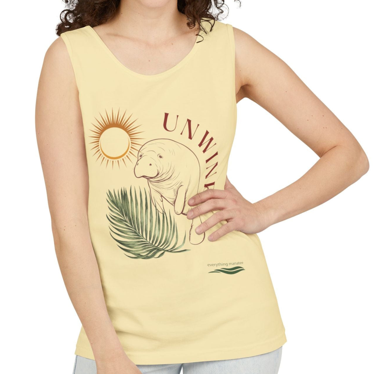 Unwind Tropical Palm Manatee Garment-Dyed Tank Top | Womens