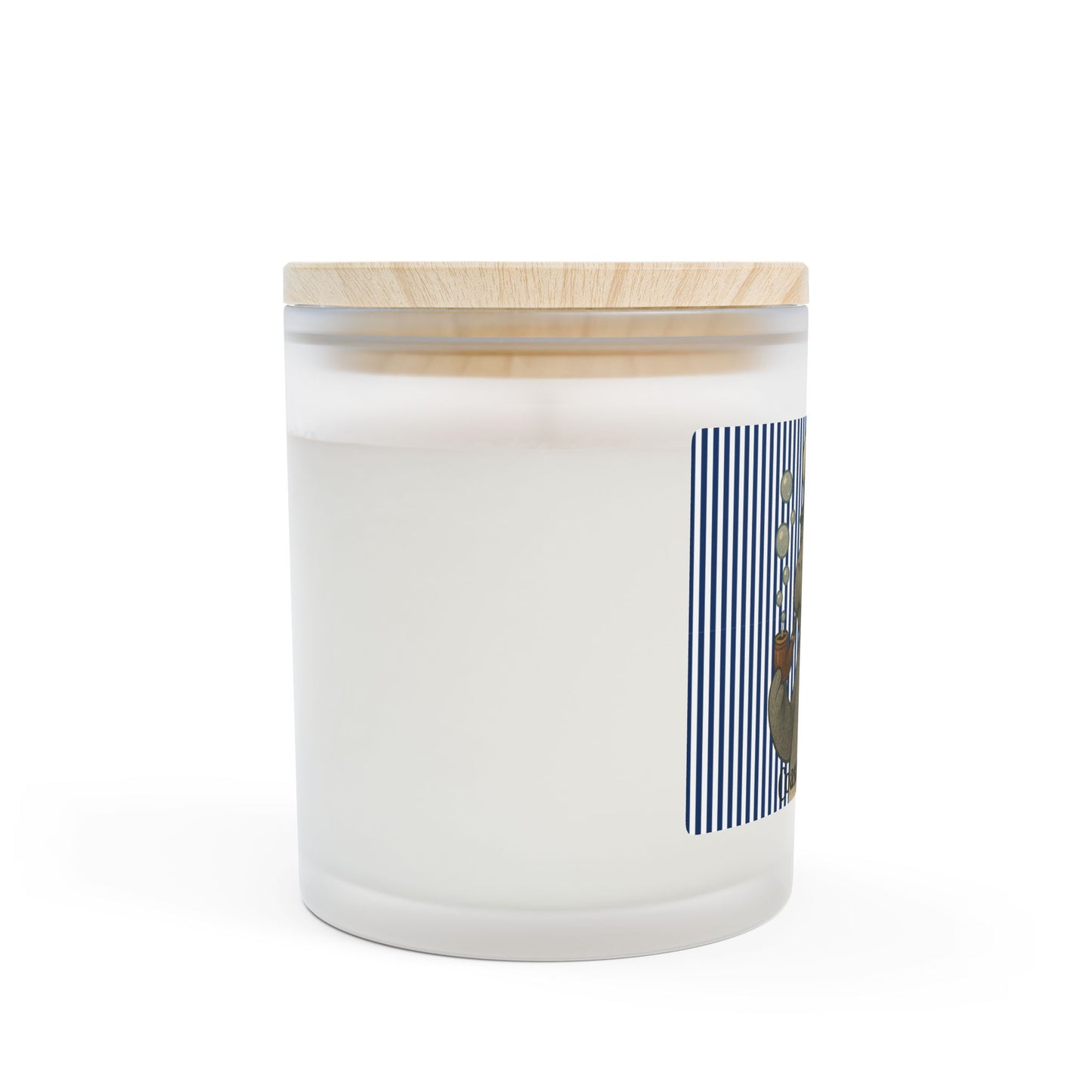 White candle with a wooden lid and a blue and white striped label on a white background
