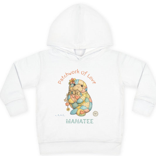 White hoodie with a colorful manatee design and text on a white background