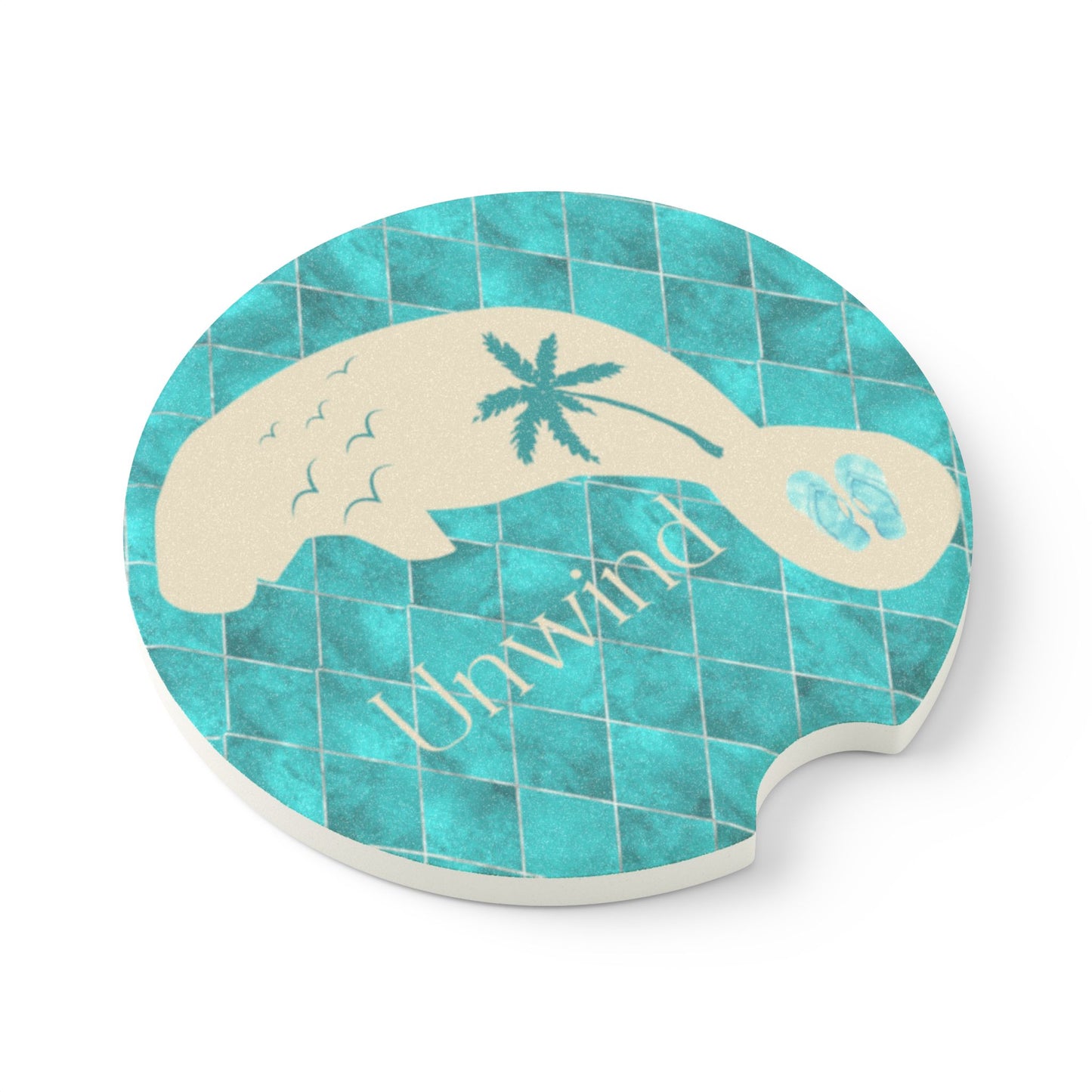 Beach Vibes Manatee Soapstone Car Coaster - 'Unwind' Manatee Design