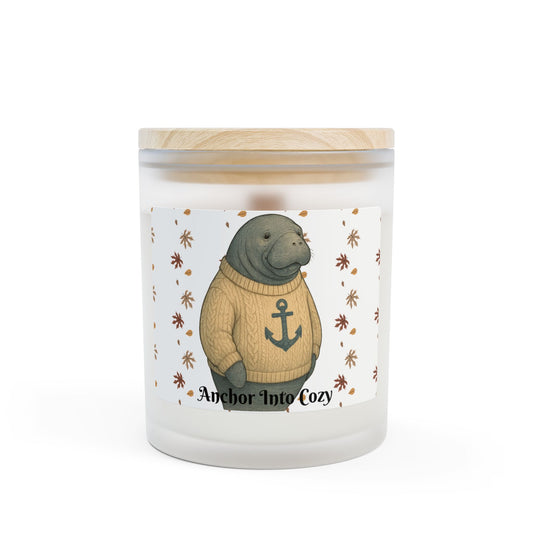Candle with a seal in a sweater design on a white background