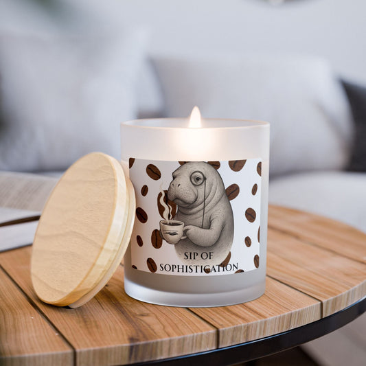 Candle with a bear design on a wooden table
