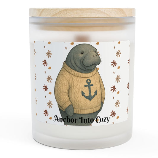 Candle with a seal in a sweater design on a white background