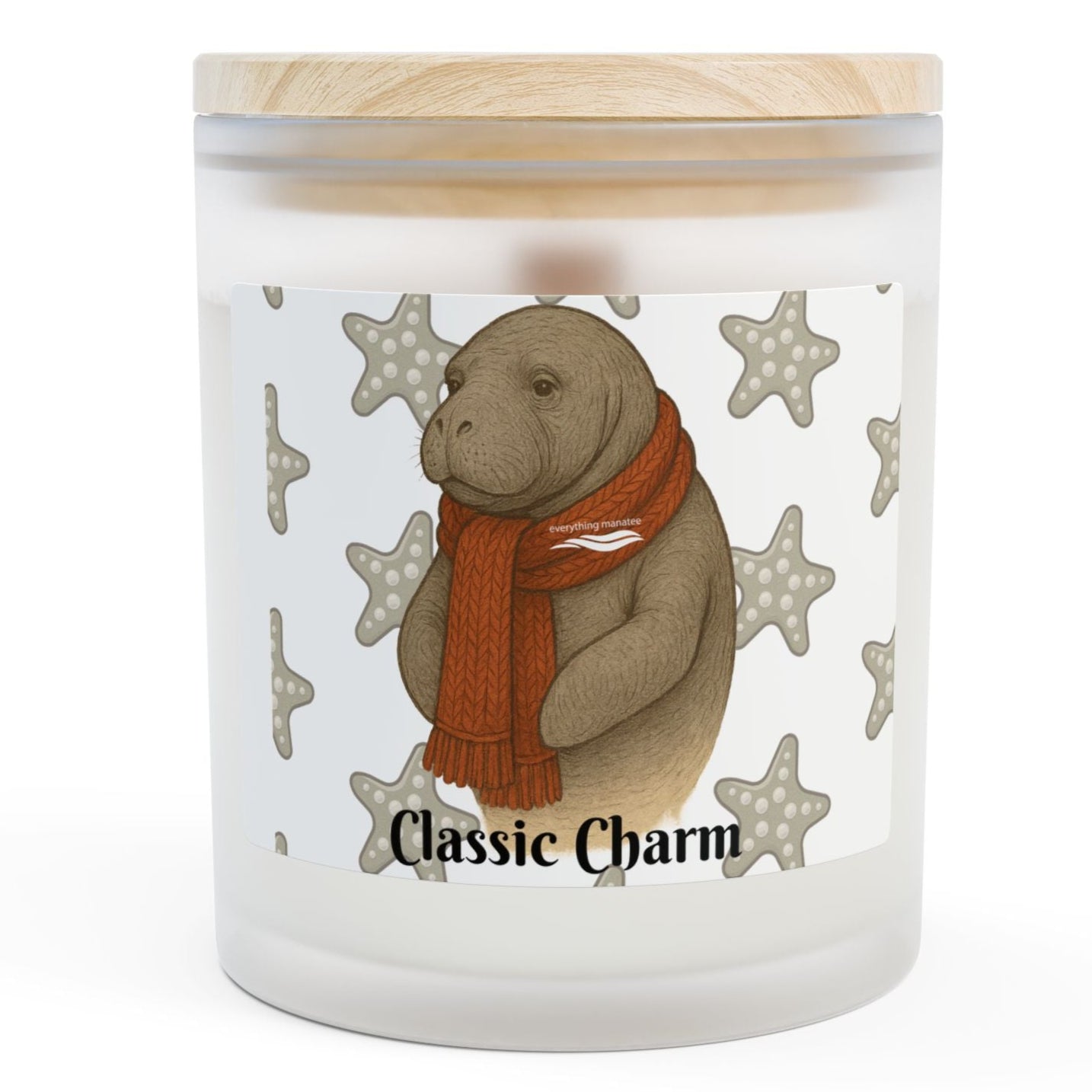 Candle with a bear design and 'Classic Charm' text on a white background