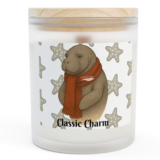 Candle with a bear design and 'Classic Charm' text on a white background