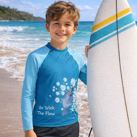 Child in blue rash guard with ocean design holding a surfboard on a beach