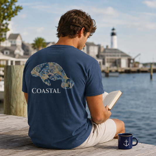 A man sitting on a wooden dock by the water reads a book, wearing a navy blue t-shirt with a manatee graphic and the word 'COASTAL' printed on the back. A matching navy mug with a white anchor sits next to him.