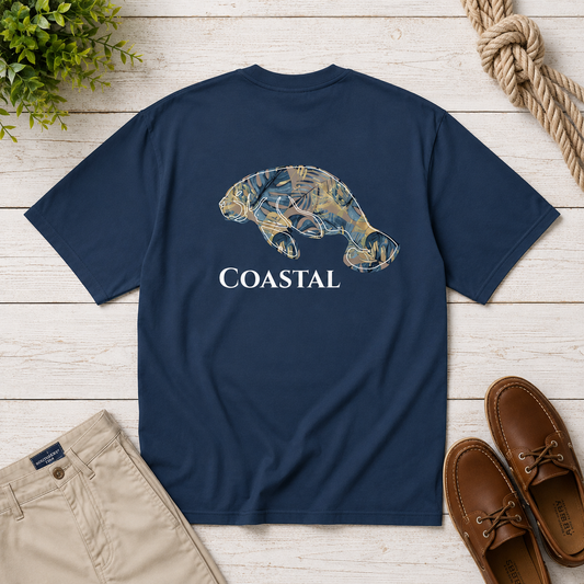 A navy blue short-sleeve t-shirt laid flat on a white wood plank surface, featuring a camouflage-patterned manatee graphic and the word 'COASTAL' in white. The shirt is styled with beige pants, brown boat shoes, a rope, and green leaves.