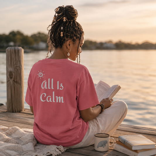 A woman sits cross-legged on a wooden dock by the water at sunset, reading a book. She is wearing a pink t-shirt with the words 'All Is Calm' and a small sun graphic printed on the back, paired with white pants.