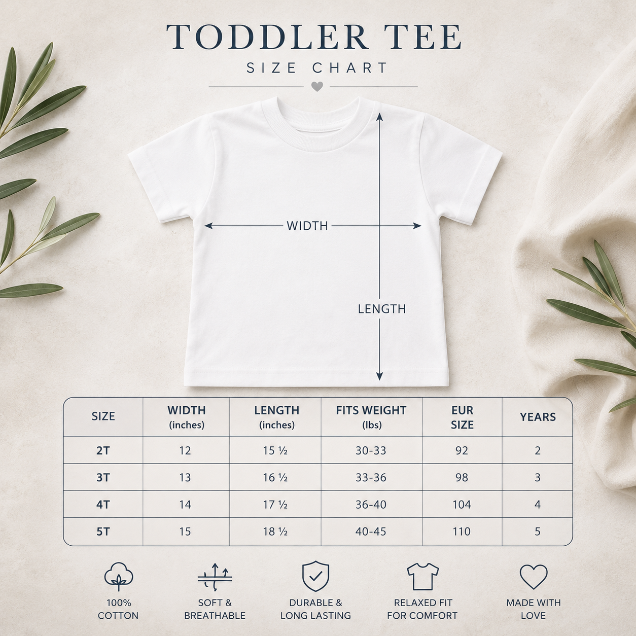 Toddler Tee size chart graphic showing a white short-sleeve T-shirt with arrows indicating width and length, plus a size table and cotton product features on a light neutral background with leaf props.