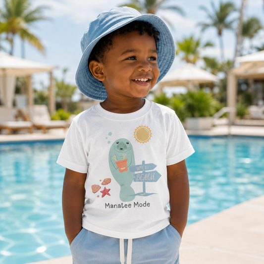 A young child wearing a white graphic t-shirt with a manatee design and the text 'Manatee Mode', paired with a blue bucket hat and light blue pants, standing in front of a swimming pool.