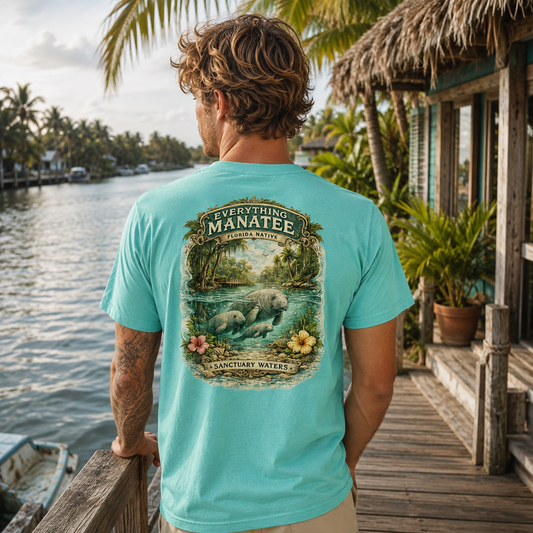 A man stands on a wooden dock by the water, viewed from behind, wearing a light aqua T-shirt with a large vintage-style manatee graphic on the back. The shirt reads 'EVERYTHING MANATEE SANCTUARY WATER' above and below an illustration of manatees in a tropical pond.