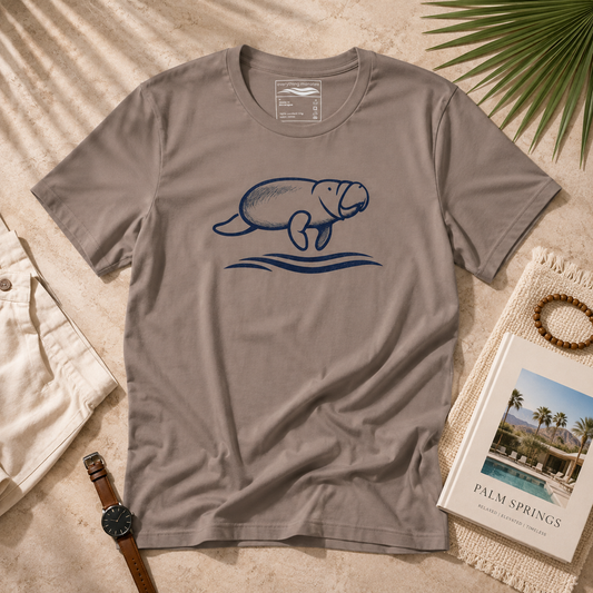 A taupe gray crewneck t-shirt featuring a navy blue line art graphic of a manatee on waves, styled in a flat-lay arrangement with a watch, shorts, a palm leaf, and a book.
