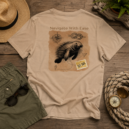 A beige graphic T-shirt laid flat on a rustic wooden surface, surrounded by nautical and travel-themed props including a straw hat, sunglasses, olive pants, rope, a small boat compass, and a plant. The shirt shows a manatee illustration with the text 'Navigate With Ease' and a stamp reading 'ST.