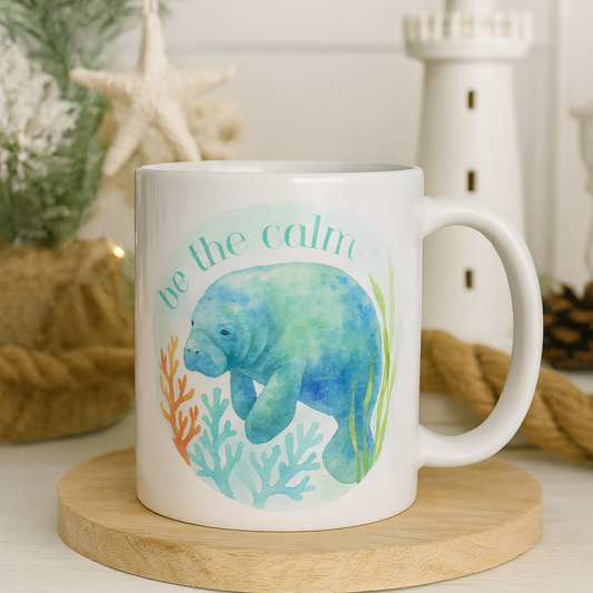 Mug with a manatee design and 'be the calm' text on a wooden coaster.