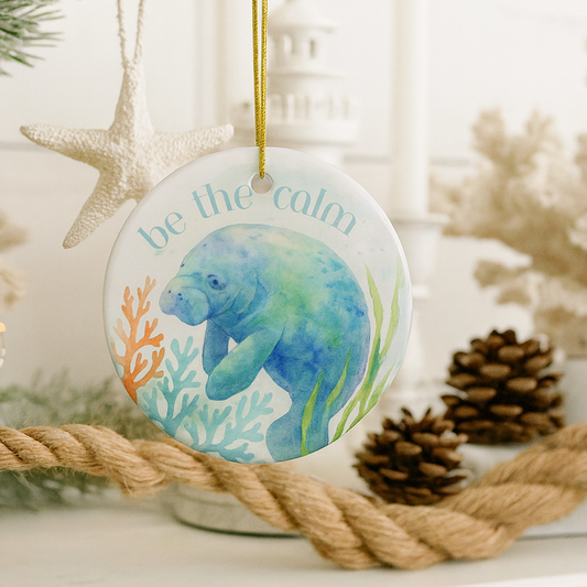 Decorative Christmas ornament with a blue elephant design and 'be the calm' text, hanging on a white surface with decorative elements.