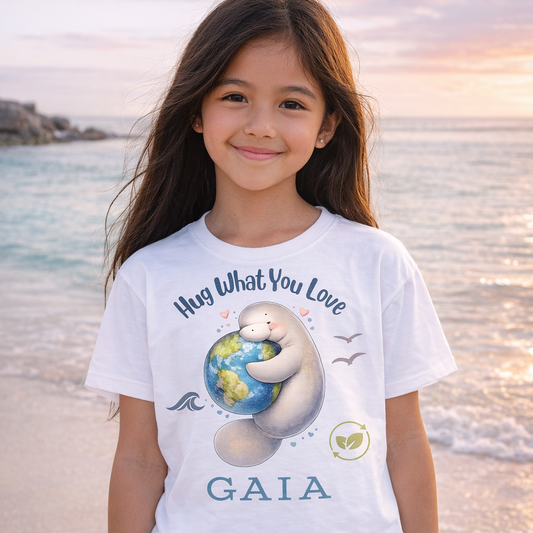 Young girl wearing a t-shirt with 'Hug What You Love GAIA' design on a beach.
