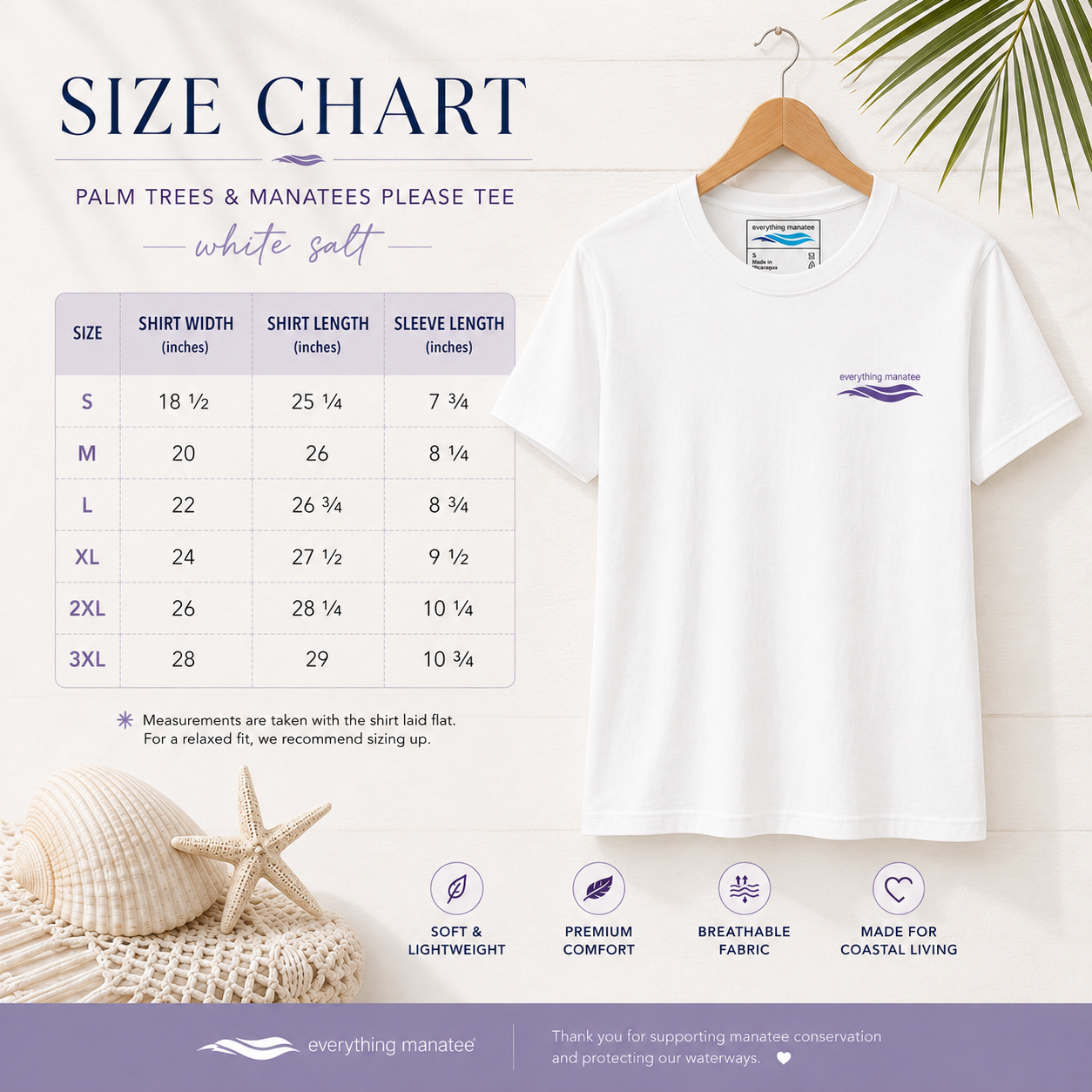 A size chart graphic for a white short-sleeve crewneck t-shirt by Everything Manatee. The chart includes a sizing table from S to 3XL with measurements in inches, alongside a mockup of the white t-shirt hanging on a wooden hanger.