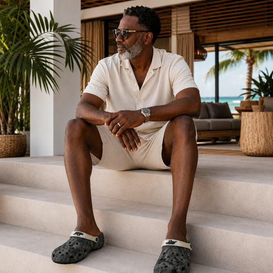 A man wearing a cream short-sleeve polo shirt, matching shorts, and dark gray patterned clogs sits on light stone steps in a modern outdoor patio setting.