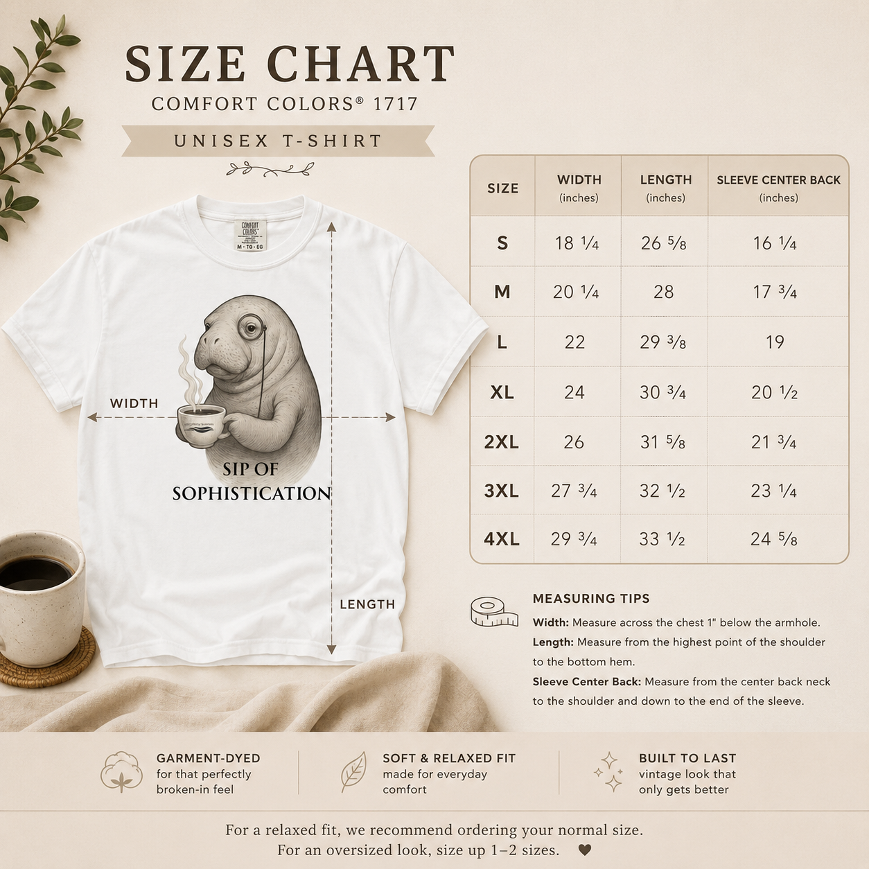 A size chart graphic for a Comfort Colors 1717 unisex t-shirt, showing a white t-shirt with a sepia-toned graphic of a frog holding a cup, alongside a detailed measurement table and instructions for sizing.