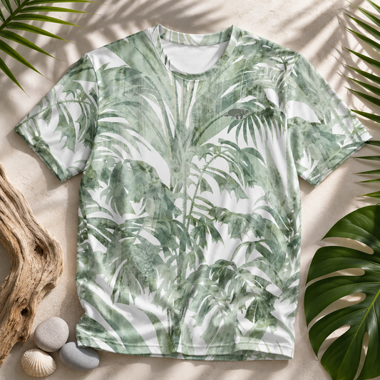 Tropical leaf patterned shirt on a natural background with leaves and stones.