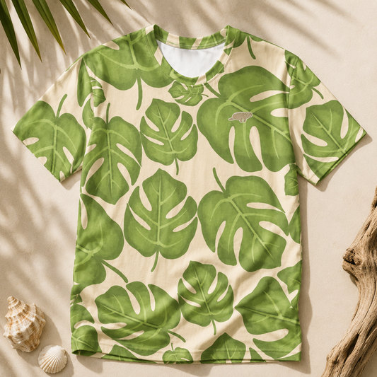 T-shirt with green leaf pattern on a beige background