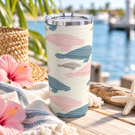A tall insulated tumbler with a clear lid stands on a wooden dock by the water. The tumbler has an off-white background with abstract wavy stripes in dusty pink, slate blue, and light gray.