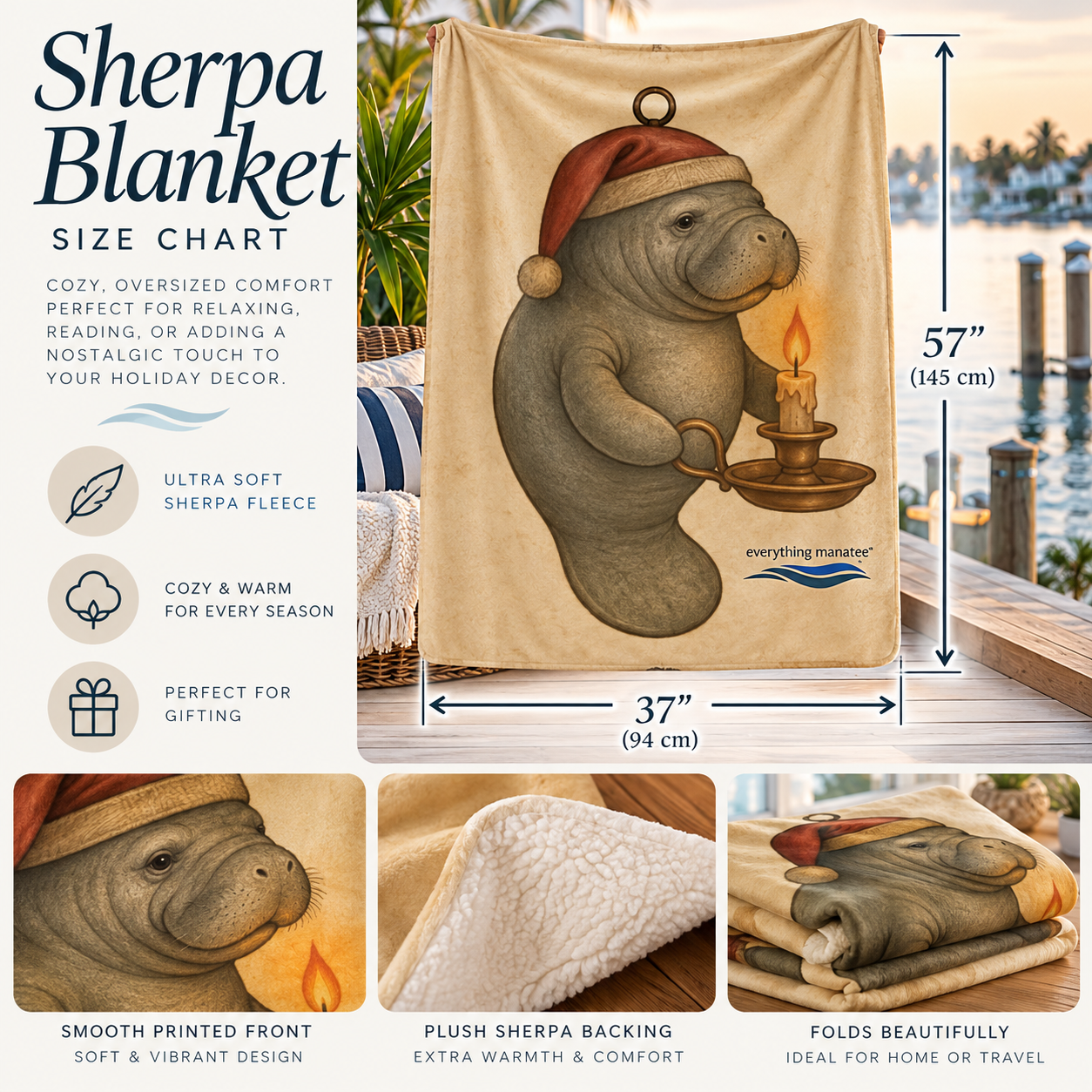 A size chart and product display for a Sherpa blanket featuring a manatee wearing a Santa hat and holding a candle. The main panel shows the blanket with printed dimensions (57 x 37 inches), and surrounding panels show close-ups of the soft fleece texture and folded presentation.