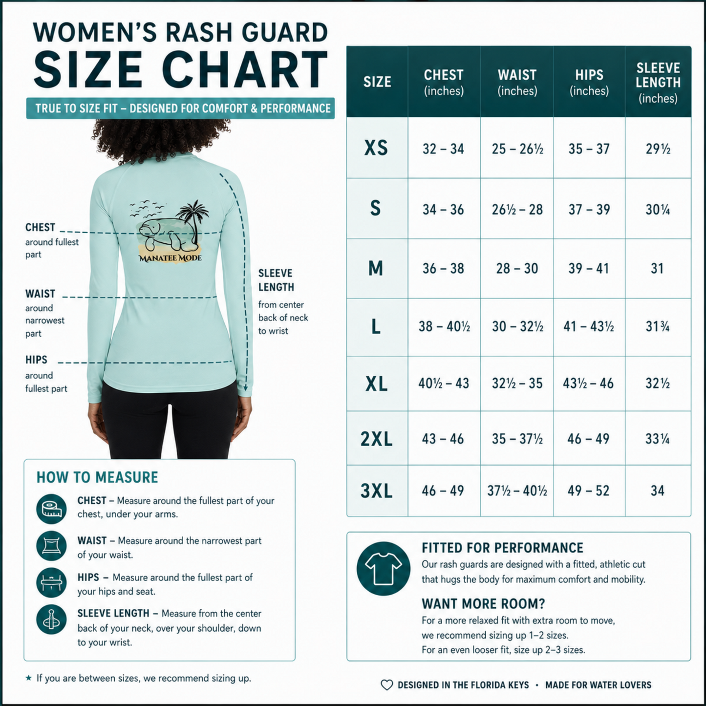 Women's rash guard size chart with measurement guide and product image.