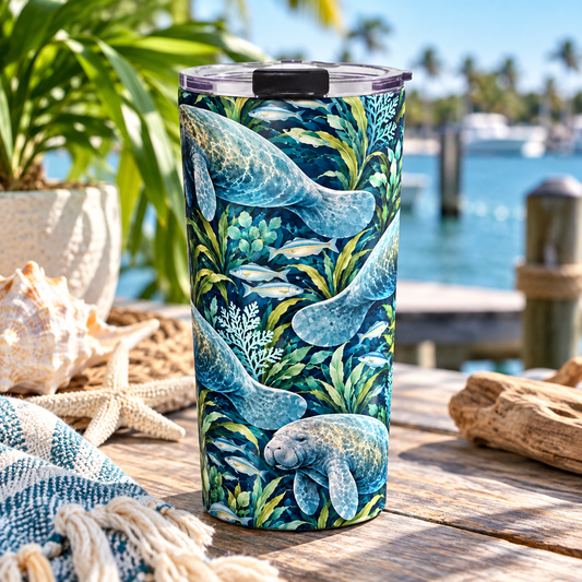 A tall insulated tumbler with a lid sits on a wooden table outdoors near the water, decorated with a blue and green manatee and sea plant pattern. A starfish, woven mat, plant, and driftwood are visible around it.
