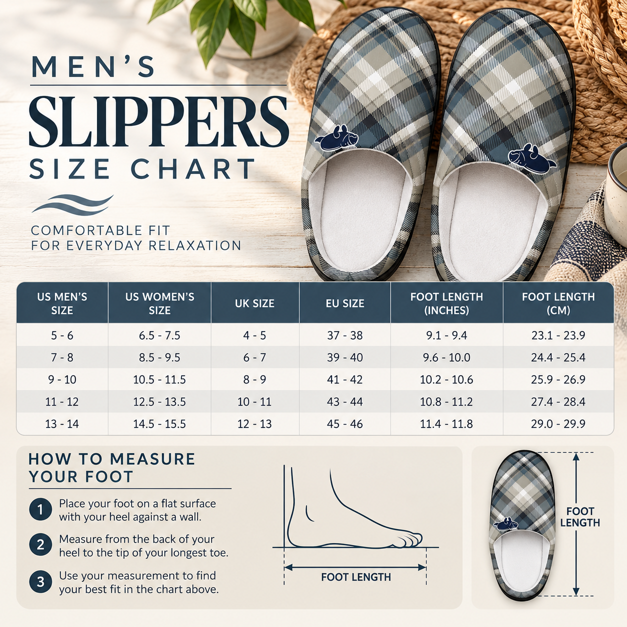 Men's slippers size chart graphic with a plaid slipper shown at the top, a measurement table across the center, and foot-length instructions at the bottom on a styled beige background.